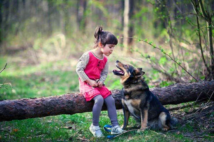 Glad liten jente leker med stor hund